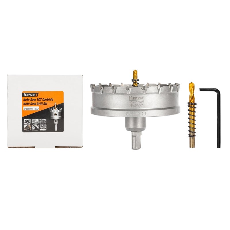 Henvo Hole Saw 4-1/2" (115mm) Heavy Duty Carbide with 2 Pilot Drill Bits - Metal Hole Cutter Cuts Stainless Steel, Iron, Copper, Brass, Plastic - Image 1